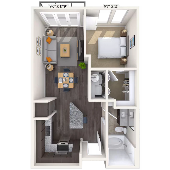 Traditional 1x1 591-613 SF 407 floor plan